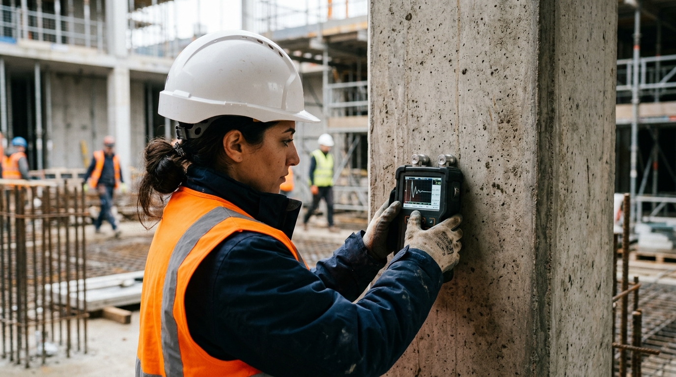 Ultrasonik beton test cihazları ile kolon dayanımı ölçümü yapan mühendis