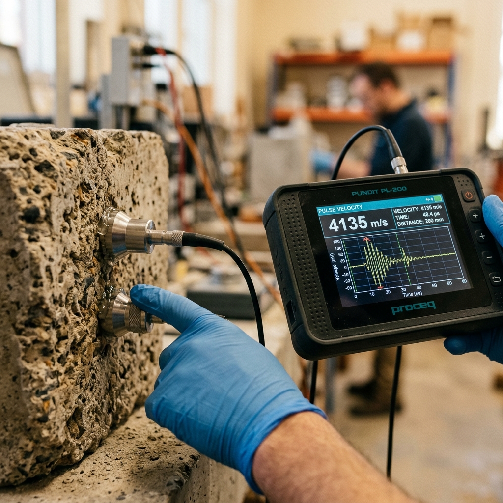 Ultrasonik beton test cihazı ekranında UPV testi grafik verileri